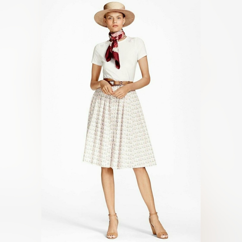 Brooks Brothers White Pleated Skirt with Pink & Green Floral Print